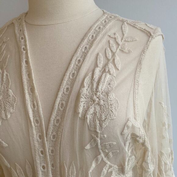 NWT Rachel Zoe Cream Floral Embroidered Lace Boho Coverup Kimono Duster ONE SIZE - Picture 5 of 12